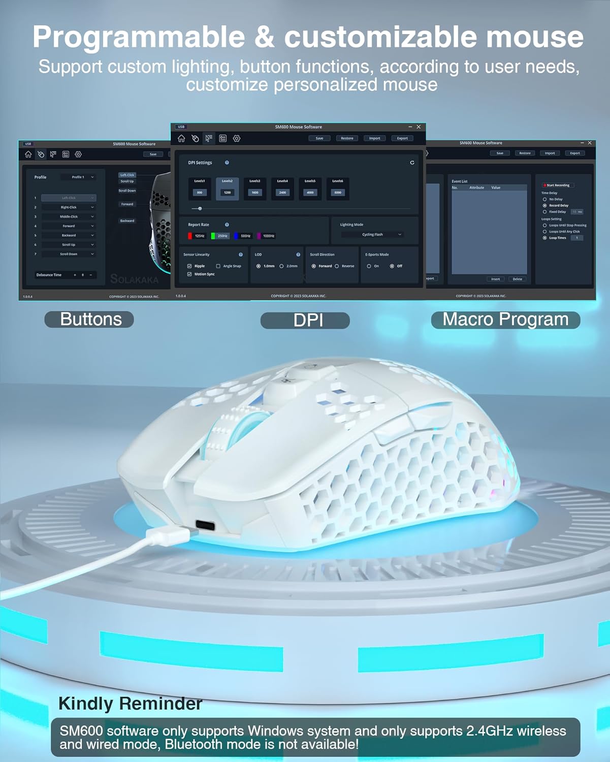 White Wireless Honeycomb Gaming Mouse,8000 DPI Tri-Modes BT5.1/Type-C Wired