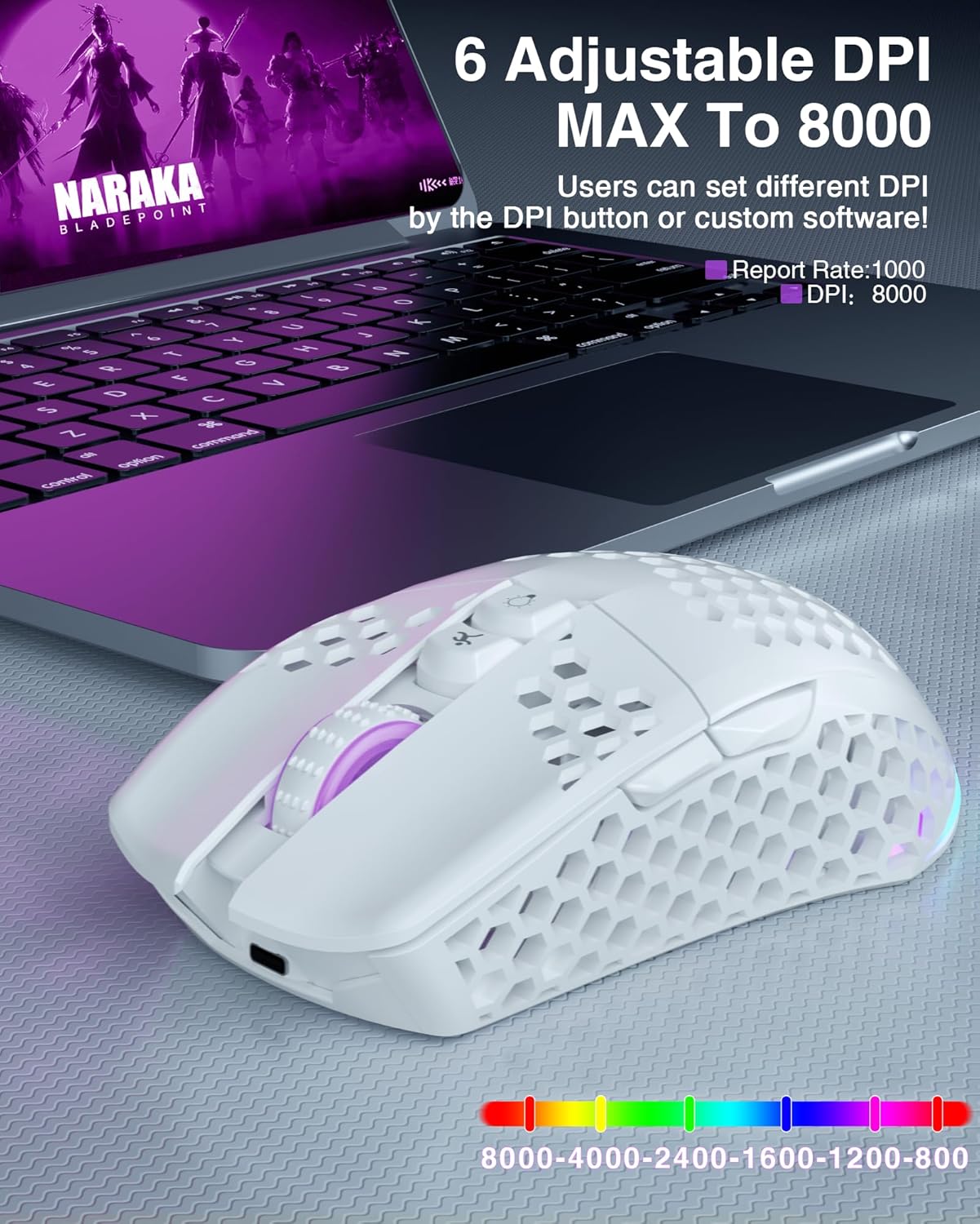 White Wireless Honeycomb Gaming Mouse,8000 DPI Tri-Modes BT5.1/Type-C Wired