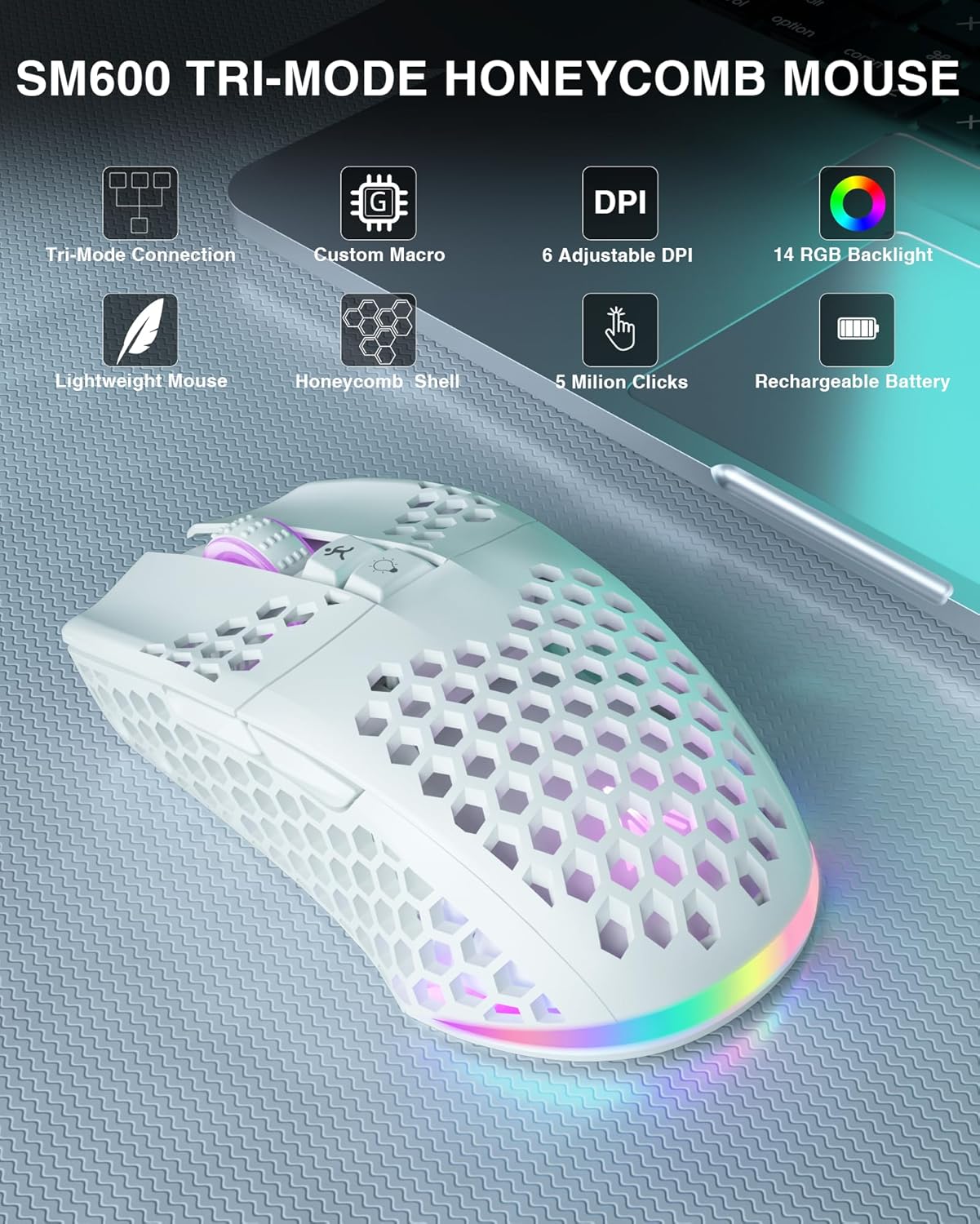 White Wireless Honeycomb Gaming Mouse,8000 DPI Tri-Modes BT5.1/Type-C Wired