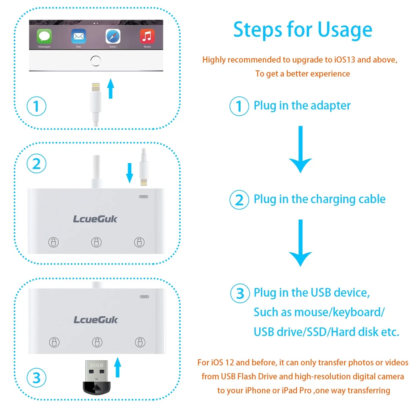 USB to iPhone Adapter with Charging Port