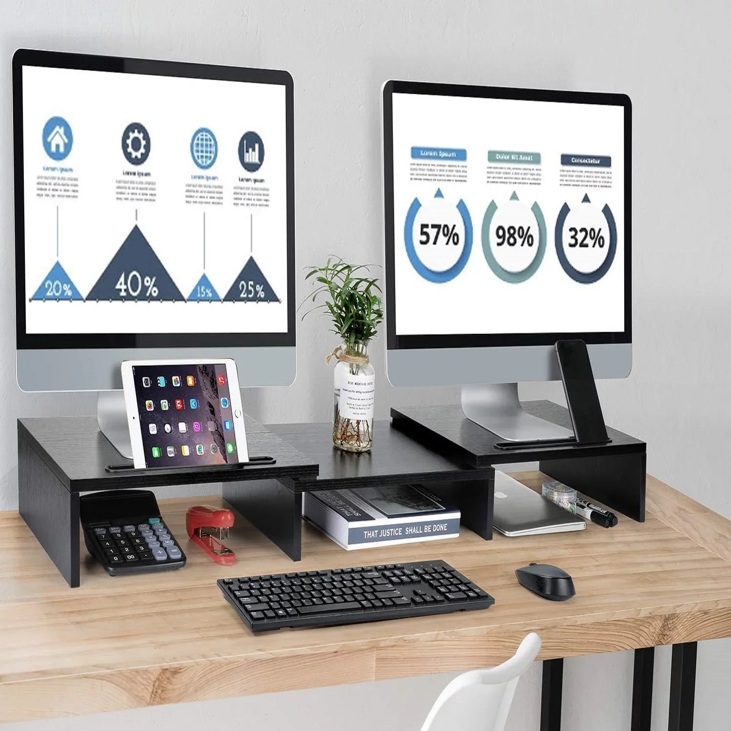 Dual Monitor Stand Riser with Adjustable Length & Angle