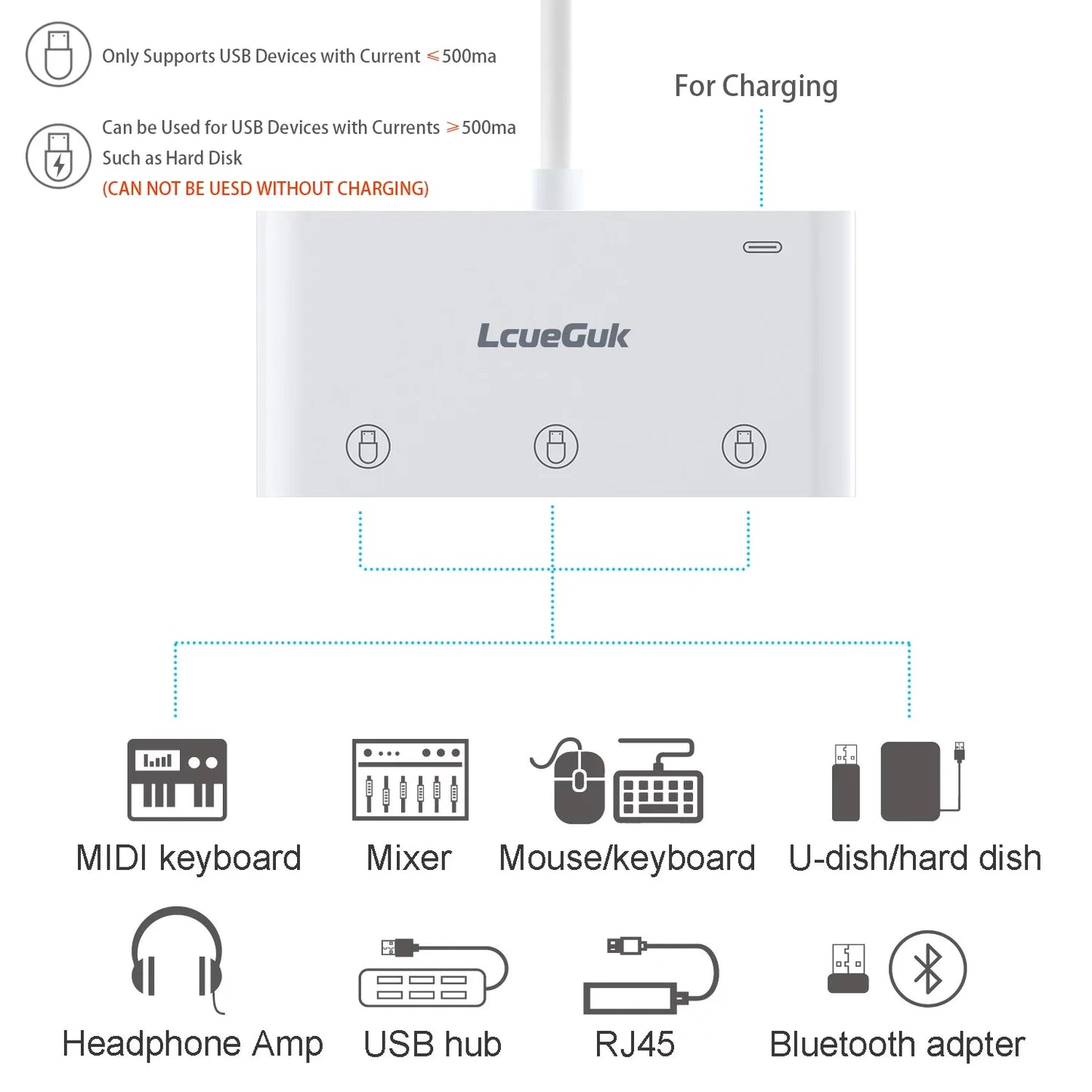 USB to iPhone Adapter with Charging Port