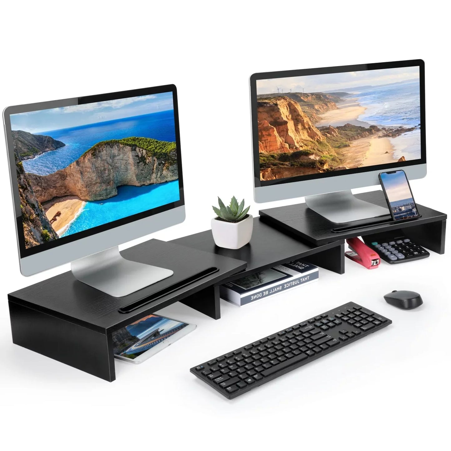 Dual Monitor Stand Riser with Adjustable Length & Angle
