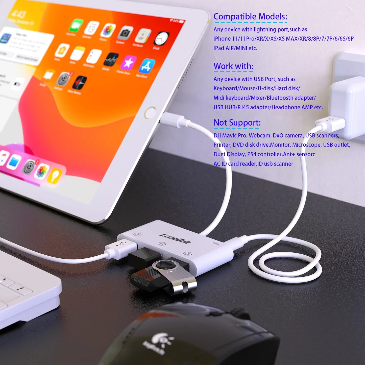 USB to iPhone Adapter with Charging Port